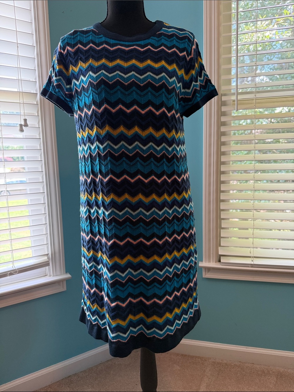 Iconic Missoni Multicolor Zigzag Knit Shift Dress in Blue, Navy & Yellow: Med